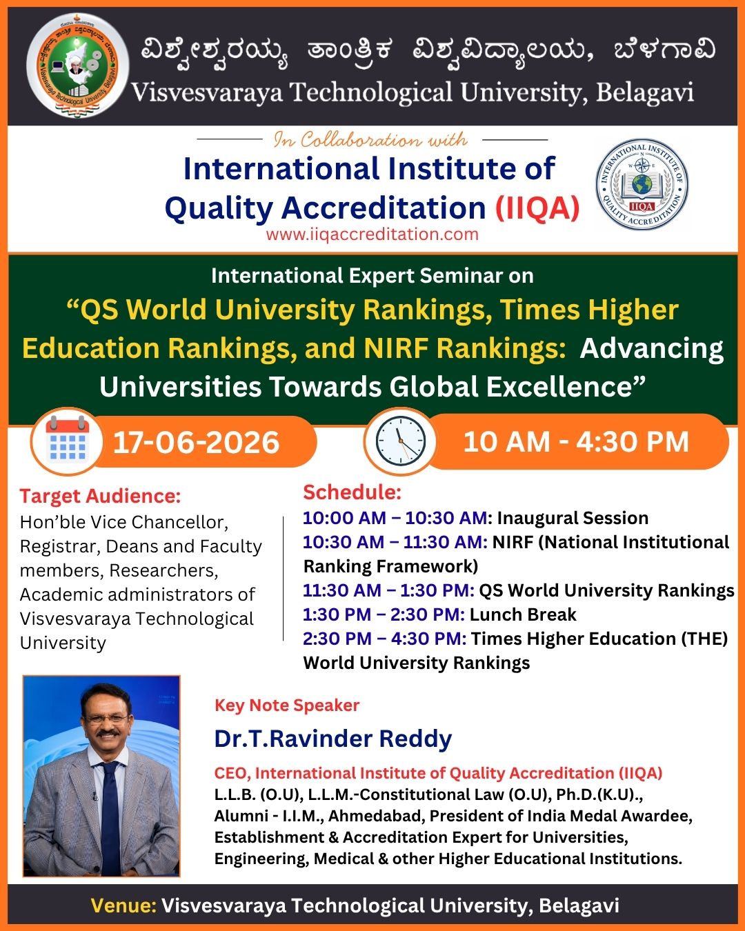 Visvesvaraya Technological University and IIQA Host Seminar on QS, THE & NIRF Rankings 
